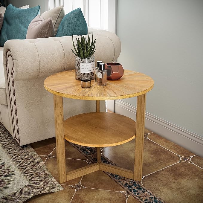 PADMA HOUSE 25" Round Wood End Table, 2-Tier Solid Wood Rounded Accent Side Table Circle Nightstand Table with Storage Shelf Vintage Furniture for Home Living Room Bedroom,Oak 3338OA