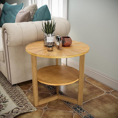 PADMA HOUSE 25" Round Wood End Table, 2-Tier Solid Wood Rounded Accent Side Table Circle Nightstand Table with Storage Shelf Vintage Furniture for Home Living Room Bedroom,Oak 3338OA