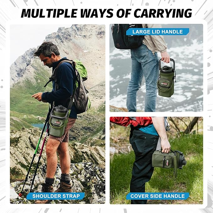 NATURE PIONEOR Insulated Water Bottles with Strap - 64 oz Stainless Steel Vacuum Wide Mouth Bottle with Holder/Carrier/Sleeve - 18/8 Food Grade 64oz Half Gallon Water Jug