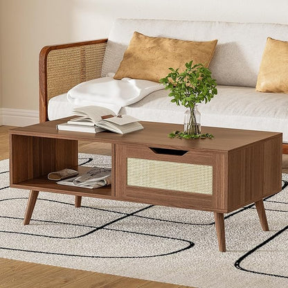Brown Rattan Coffee Table, Mid Century Modern with Drawer & Shelf, 39'' Wooden Boho Coffee Table for Living Room