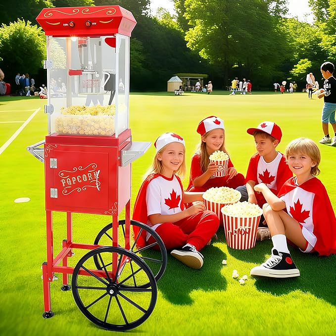 Popcorn Machine with Cart & Wheels - Stainless Steel 8OZ Kettle Pop corn Maker Machine for Home, Theater, Parties Grade Electric Popper, Red
