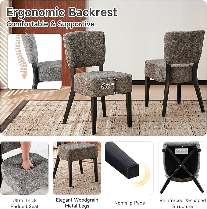 Howtek Modern Dining Chairs Set of 2 with 6.3" Thick Seat Cushions, Space-Saving Stackable Upholstered Kitchen Chairs, Ergonomic Backrest & Metal Legs, Gray