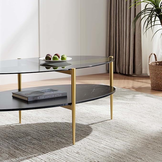 Oval Glass Coffee Table, Mid-Century Modern Design, L43 x W22 x H17 inch, Surfboard Shaped Grey Glass Top and Black Marble Finish Wood Shelf, Tapered Legs with Gold Finish Frame