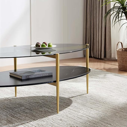 Oval Glass Coffee Table, Mid-Century Modern Design, L43 x W22 x H17 inch, Surfboard Shaped Grey Glass Top and Black Marble Finish Wood Shelf, Tapered Legs with Gold Finish Frame