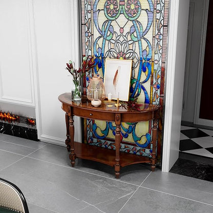 Solid Wood Oval Console Table with Drawer and Storage Shelf, Traditional Vintage Semi-Circle Entryway Table Polished Edging Half-Moon Narrow Table for Living Room Hallway Home, Cherry Walnut