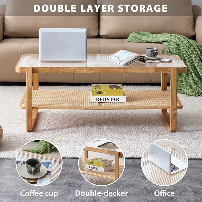 Rattan Coffee Table with Tempered Glass Top,Wood Coffee Table for Living Room,Glass Top with Imitation Rattan Storage Shelf, Rectangle Coffee Table for Living Room