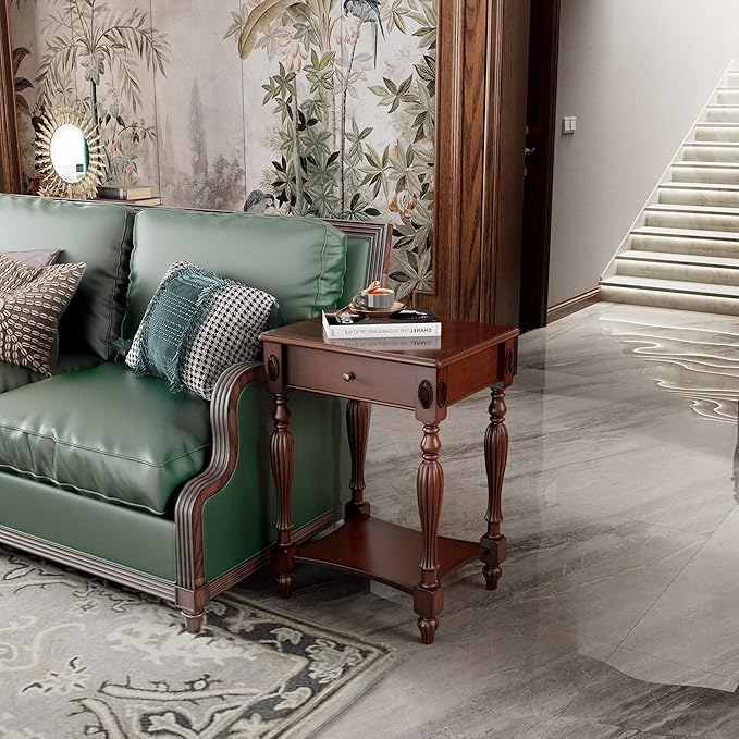 Solid Wood Retangle End Table with Drawer and Storage Shelf, 28"H Traditional Vintage Side Table Polished Edging Sofa Table Bedside Nightstand for Living Room Bedroom Home, Cherry Walnut GBJ-1533-WD