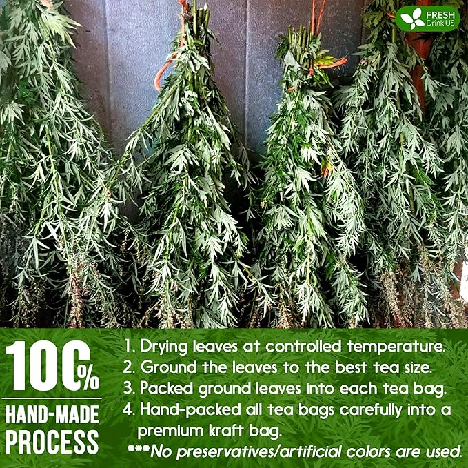 FreshDrinkUS, Premium 90 Mugwort Leaf Tea Bags, 100% Natural and Pure Mugwort Leaves. No Sugar, No Caffeine, No Gluten, Vegan.