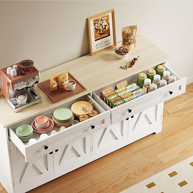 IRONCK Buffet Cabinet with Storage, Sideboard Storage Cabinet, Kitchen Cabinet with Drawers and Doors, Natural Wood