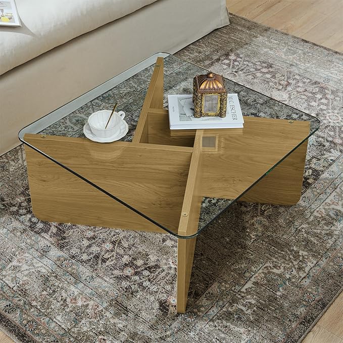 31.5" Glass Coffee Table, MDF Mid-Century Modern Square Coffee Table with Tempered Glass Top, Square Center Tables for Small Space Living Room Office Apartment, Wood