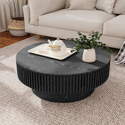 31.5 Inch Round Drum Coffee Table with Storage, Modern Handcraft Fluted Drum Coffee Table, Wooden Round Coffee Table Center Table with Sturdy Pedestal for Living Room Apartment (Black)