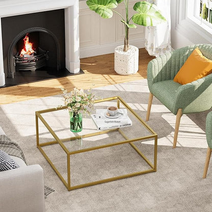 Glass Coffee Table, Small Square Coffee Table for Living Room,Simple Modern Center Tables for Small Spaces, Gold Living Room Tea Tables Easy Assembly,26 * 26in（Gold & Clear Glass）