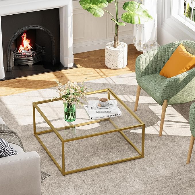 Glass Coffee Table, Small Square Coffee Table for Living Room,Simple Modern Center Tables for Small Spaces, Gold Living Room Tea Tables Easy Assembly,26 * 26in（Gold & Clear Glass）