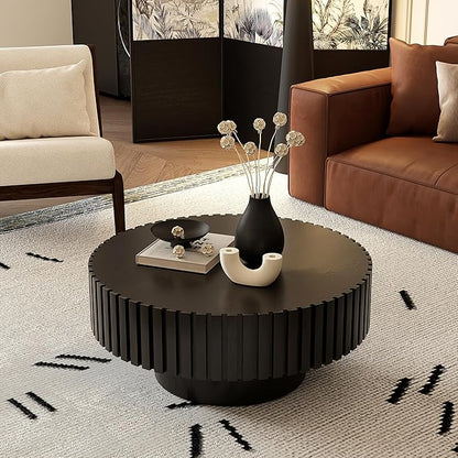 31.5" Round Drum Coffee Table, Modern Handcraft Fluted Drum Center Table, Wooden Round Coffee Table Center Table with Sturdy Pedestal for Living Room Apartment (Black)