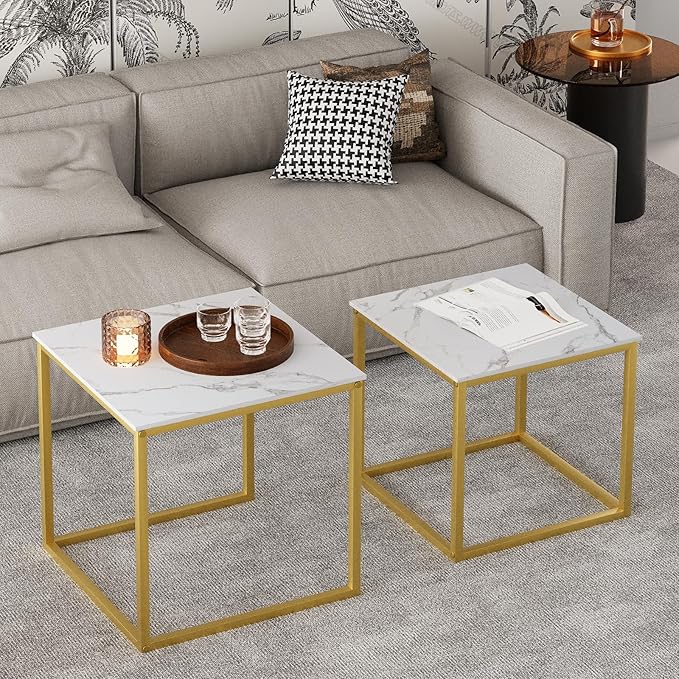 VILAWLENCE Coffee Table Set of 2, Modern Gold Wooden Side Table, Metal Frame Square End Table, Center Tables,Nesting Coffee Table for Living Room,Bedroom and Small Spaces