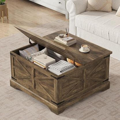 Furnideco 35.5''W Square Coffee Table Farmhouse Lift top Coffee Table with Large Hidden Storage, Wood Center Table for Living Room, Home Office, Brown