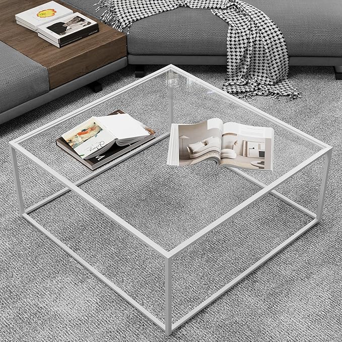 Glass Coffee Table Square Coffee Table for Small Space,Modern Minimalist Center Table for Living Room Home Office,Tempered Glass-top with Sturdy Metal Frame,Easy Assembly,27 x 27In, White