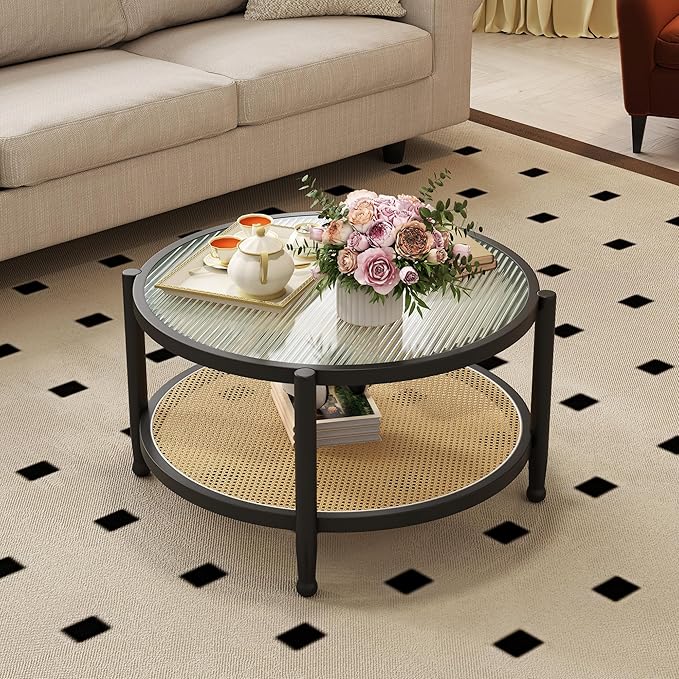 Rattan Round Coffee Table for Living Room, 32" Boho Circle Table with Tempered Glass Desktop Rustic Solid Wood Farmhouse Accent Center Storage Table (Black, 31.5" D x 31.5" W x 17" H)