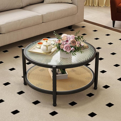 Rattan Round Coffee Table for Living Room, 32" Boho Circle Table with Tempered Glass Desktop Rustic Solid Wood Farmhouse Accent Center Storage Table (Black, 31.5" D x 31.5" W x 17" H)