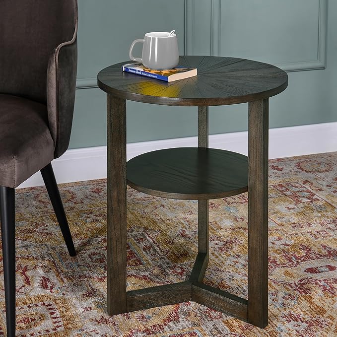 PADMA HOUSE 19.3" Round Wood End Table, 2-Tier Solid Wood Rounded Accent Side Table Circle Nightstand Table with Storage Shelf Vintage Furniture for Home Living Room Bedroom,Black Brown 3338BK