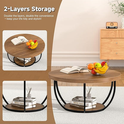 Round Coffee Table, 31" Coffee Table for Living Room Decor, 2-Tier Storage with Steel Frame, Space-Saving Wood Center Table, Modern Style Easy Assembly (Brown)