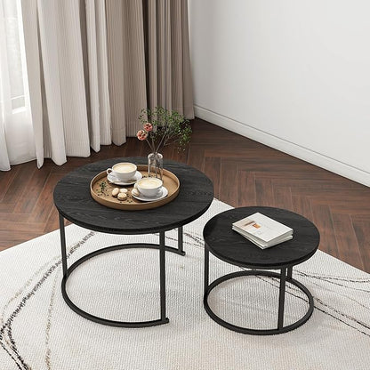Round Coffee Table Set of 2 End Tables for Living Room,Black Coffee Table Nesting Tables,Living Room Table Wooden Accent Furniture Metal Frame,Sturdy Stacking Side Tables,Easy Assembly