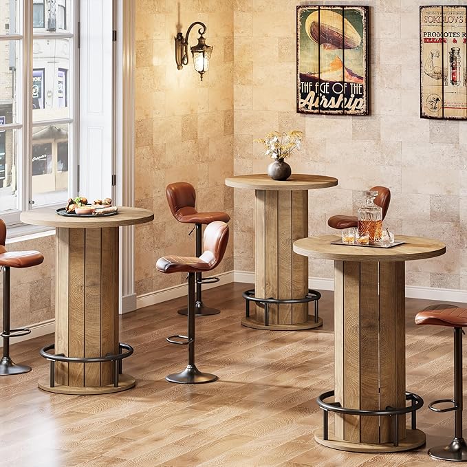 Tribesigns Round Bar Table, 39.4" H Wood Bistro Pub Table with Metal Ring Footrest for Dining Coffee Cocktail Living Room, Small Space, Light Brown(Only Table)
