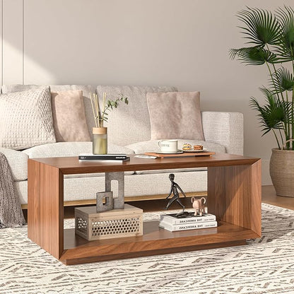 Coffee Table with Storage, Mid Century Modern, Rectangle Cocktail Tea Table, Farmhouse Wood Coffee Table for Living Room, Home Office (Walnut)