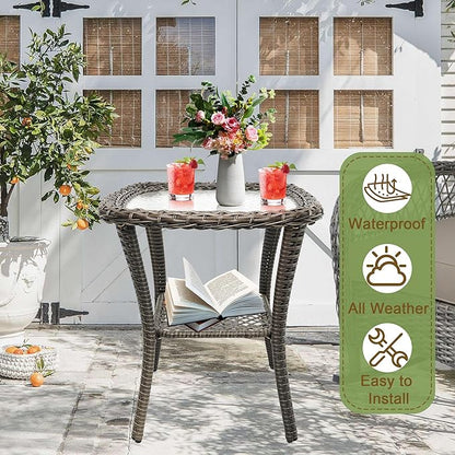 Outdoor Wicker Side Table,Double Rectangular Wicker Patio Table with Storage,All Weather Resin Rattan Patio Glass Coffee Desk for Garden,Backyard,Pool Indoor Companion
