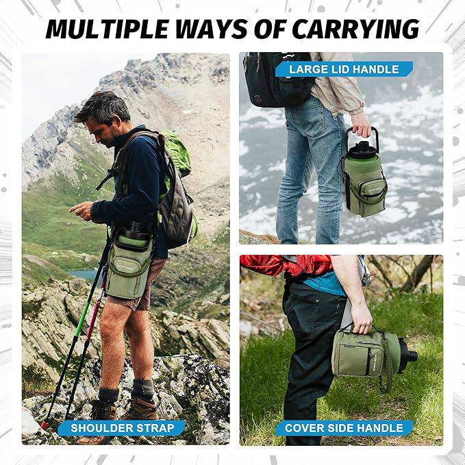 NATURE PIONEOR One Gallon Water Bottle Insulated - Large Double Vacuum Stainless Steel 128 oz Water Bottle with Holder/Carrier, 1 Gallon Water Jug 2 in 1 LID, Flip Straw and Spout, Wide Mouth