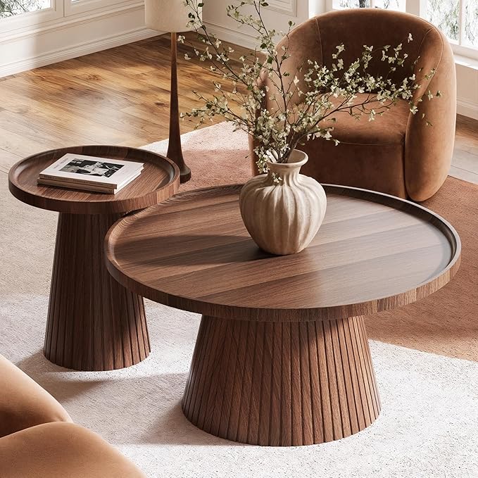 win2win Nesting Coffee Table Set of 2, Mid Century Modern Coffee Table with Wood Grain Veneer, Fluted Round Tea Table and End Table Set, Minimalist Center Tables for Living Room, Office, Walnut
