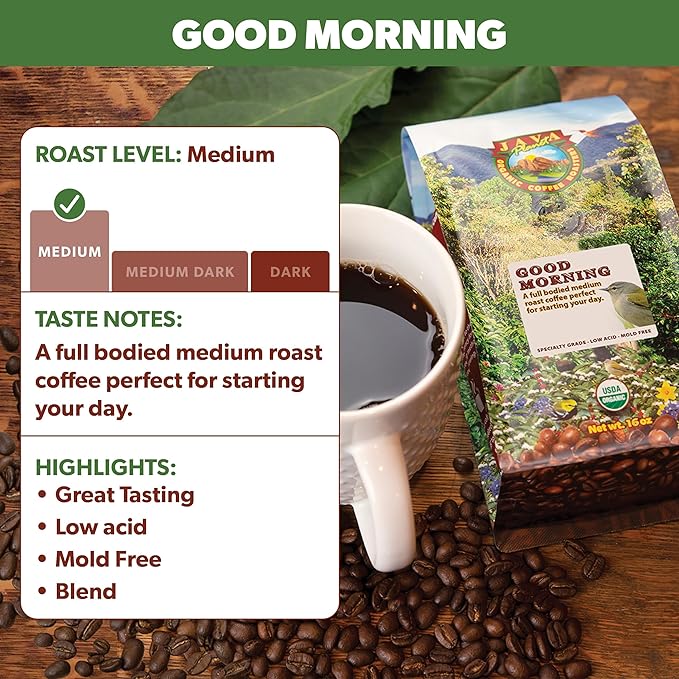 Low Acid Organic Coffee – Whole Bean, Mold-Free & Stomach Friendly by Java Planet, Good Morning Blend Coffee, Medium Roast, Smooth Full Flavored, 1LB Bag