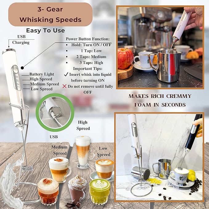 Rechargeable Handheld Milk Frother, Coffee Frother Wand with Stand and 2 Stainless Steel Whisks, Portable Mixer and Foamer, 3 Speed Whisk for Latte, Cappuccino, Matcha, Cocoa, Eggs, White-1