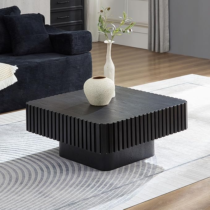 Square Wood Coffee Table for Living Room Modern Drum Wooden Fluted Handcraft Center Tea Cocktail Small Space, Easy Assembly 31.5" W x13.77 H Black