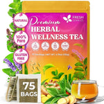 Load image into Gallery viewer, FreshDrinkUS, Premium Herbal Wellness Tea Bags | 75 Count | Blend of Sencha, Ginger, Fennel, Dandelion, Tulsi, Turmeric, Peppermint, Lavender, Lemongrass &amp; Stevia – Herbal Tea. Vegan