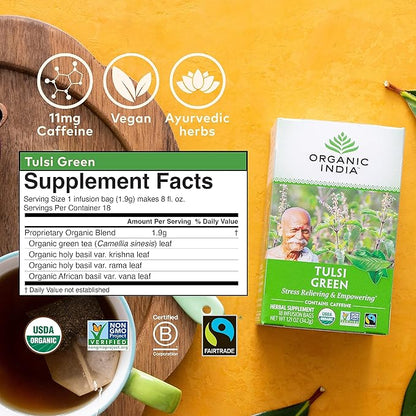 ORGANIC INDIA Tulsi Green Tea Bags - Holy Basil Tea, African Basil, Stress Relieving, Immune Support, USDA Certified Organic, Premium Darjeeling Green Tea, Caffeinated - 18 Infusion Bags, 3 Pack