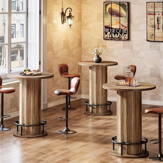 Tribesigns Round Bar Table, 39.4" H Wood Bistro Pub Table with Metal Ring Footrest for Dining Coffee Cocktail Living Room, Small Space, Brown(Only Table)