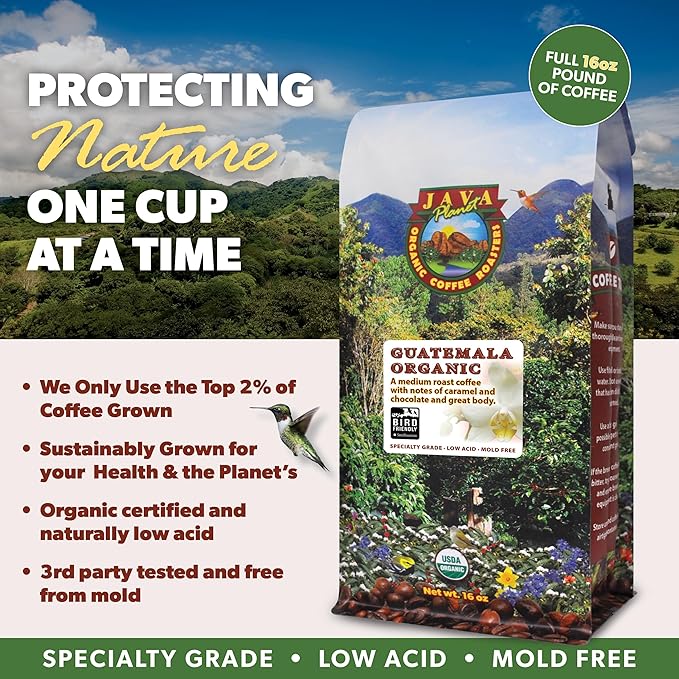 Low Acid Organic Coffee – Whole Bean, Mold-Free & Stomach Friendly by Java Planet, Guatemalan Single Origin Coffee, Medium Roast, Smooth Full Flavored, 5LB Bag