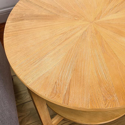 PADMA HOUSE 25" Round Wood End Table, 2-Tier Solid Wood Rounded Accent Side Table Circle Nightstand Table with Storage Shelf Vintage Furniture for Home Living Room Bedroom,Oak 3338OA
