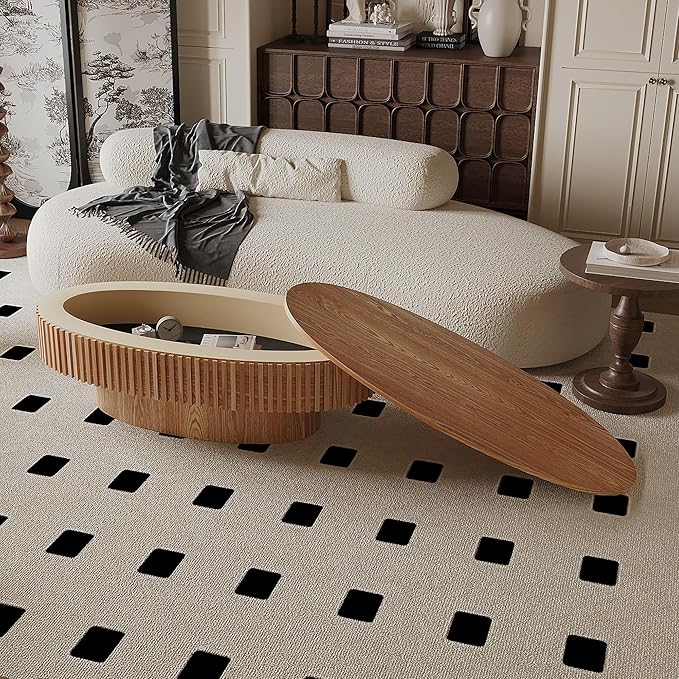 47 Inch Oval Drum Coffee Table with Storage, Handcraft Fluted Drum Coffee Table, Modern Wooden Oval Cocktail Tea Table Center Table with Sturdy Pedestal for Living Room Apartment (Natural)