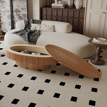 47 Inch Oval Drum Coffee Table with Storage, Handcraft Fluted Drum Coffee Table, Modern Wooden Oval Cocktail Tea Table Center Table with Sturdy Pedestal for Living Room Apartment (Natural)