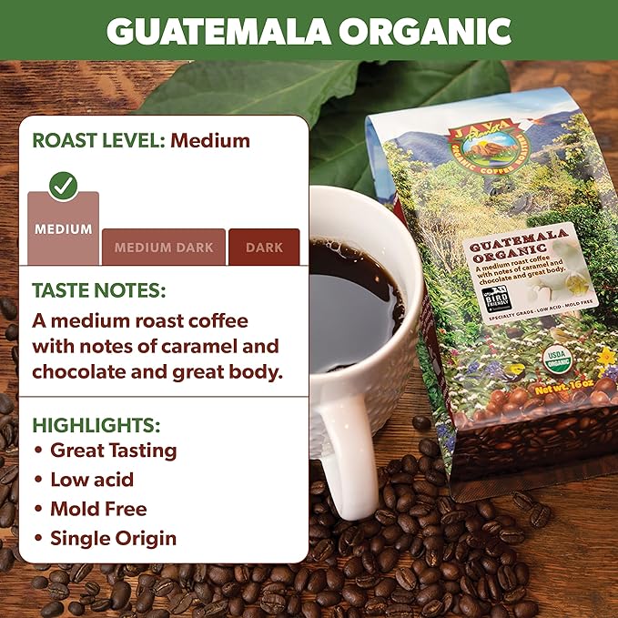 Low Acid Organic Coffee – Whole Bean, Mold-Free & Stomach Friendly by Java Planet, Guatemalan Single Origin Coffee, Medium Roast, Smooth Full Flavored, 5LB Bag