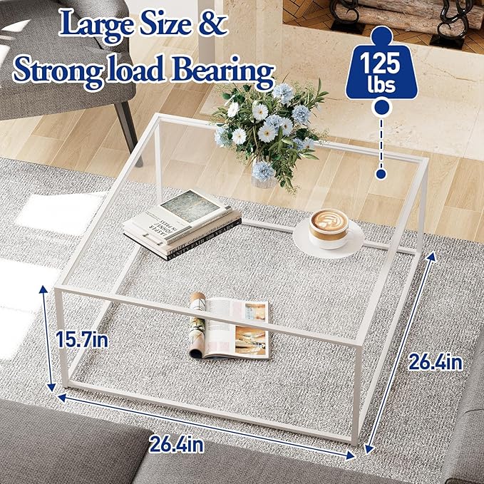 Glass Coffee Table, Square Coffee Table for Living Room, Modern Simple Center Table for Office, Home, Small Space, Clear Tempered Glass with Sturdy Metal Frame, 27 x 27In, White