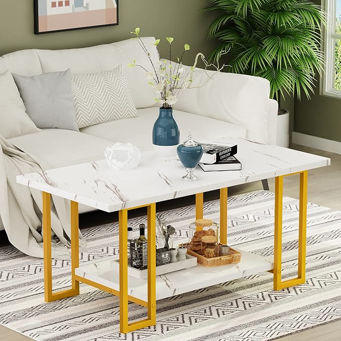 AWQM Marble Coffee Table, Faux Marble Top Rectangular Coffee Table with Gold Metal Frame, 2 Tier Living Room Table for Living Room, Office, Balcony, 40 Inch, White and Gold