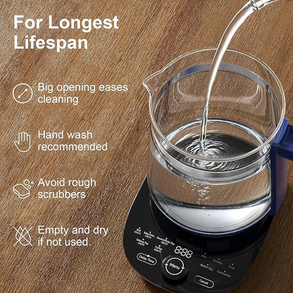 Electric Kettle, 1.5L Borosilicate Glass Hot Water Kettle Electric & Tea Kettle for Coffee or Tea, BPA Free, Auto Shut-Off, Stainless Steel, Blue, 1200w