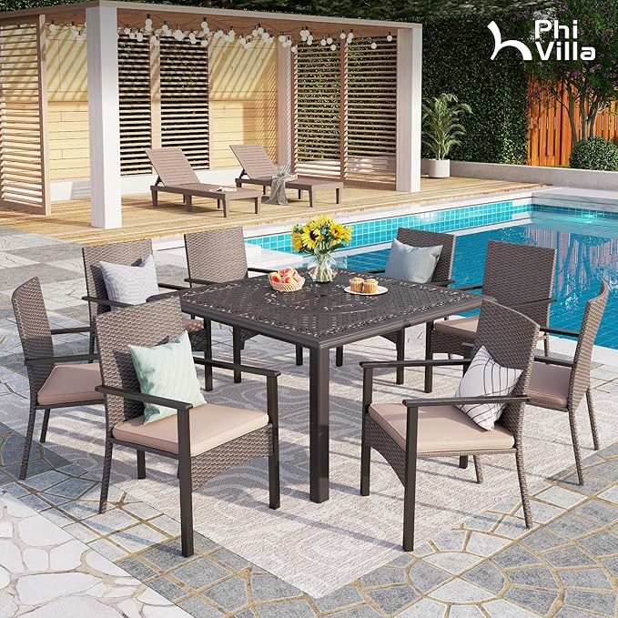 PHI VILLA Aluminum Patio Dining Tables for 8 Person, 53" Square Outdoor Table with 2.1" Umbrella Hole, Lawn Garden Tables for Outside All Weather