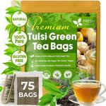 Load image into Gallery viewer, FreshDrinkUS, Premium 75 Tulsi Green Tea Bags, 100% Natural, Blend of Tulsi Holy Basil Leaves, and Green Tea Leaves. Made with Natural Material Tea Bags. No Sugar, Vegan.