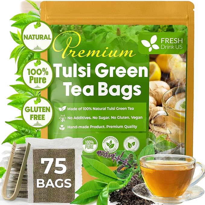 FreshDrinkUS, Premium 75 Tulsi Green Tea Bags, 100% Natural, Blend of Tulsi Holy Basil Leaves, and Green Tea Leaves. Made with Natural Material Tea Bags. No Sugar, Vegan.