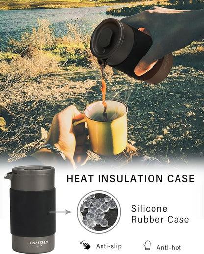 POLIVIAR French Press Coffee Maker, 12 oz Portable French Press with Mini Canister and Collection Bag, Double Wall Insulation & Dual- Filter Screen, Food Grade Stainless Steel for Coffee