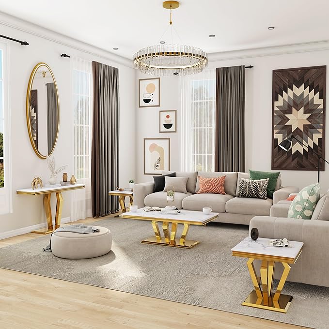 3 Piece Living Room Table Set, Luxury Coffee Table Set with White Top & Gold Diamond-Shaped Stainless Steel Frame, 1 Coffee Table + 1 Console Table + 1 End Table for Home Office